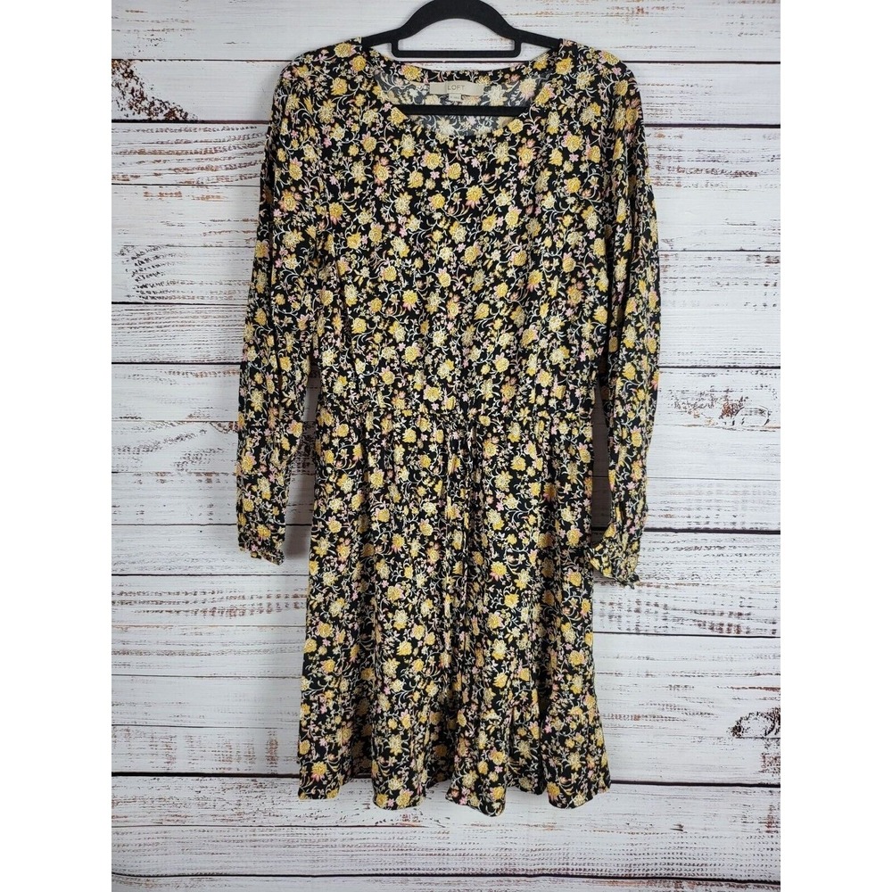 Loft Mini Dress M Womens Boat Neck Long Sleeve Black Floral Tie Front Pullover